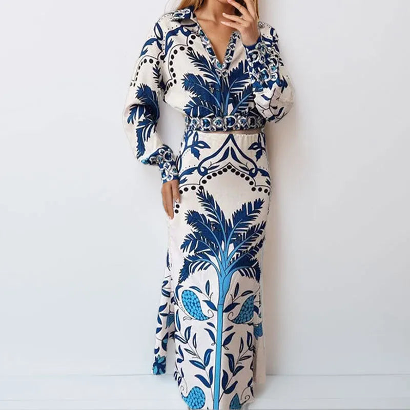 Women's early spring casual two-piece outfit in picture colour, featuring a long-sleeved top and matching long skirt.