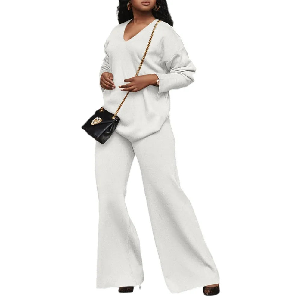 Women's brown thickened velvet two-piece suit with split sleeve top and matching trousers in Japanese Korean casual style
