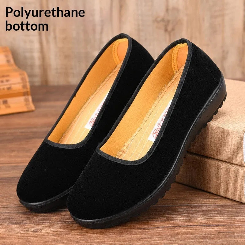 Women's Old Beijing cloth shoes black solid colour round toe polyurethane sole flat heel
