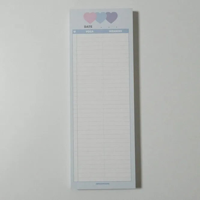 Vertical B5 half-size notepad with double-sided printing in blue, pink, or purple cover colours