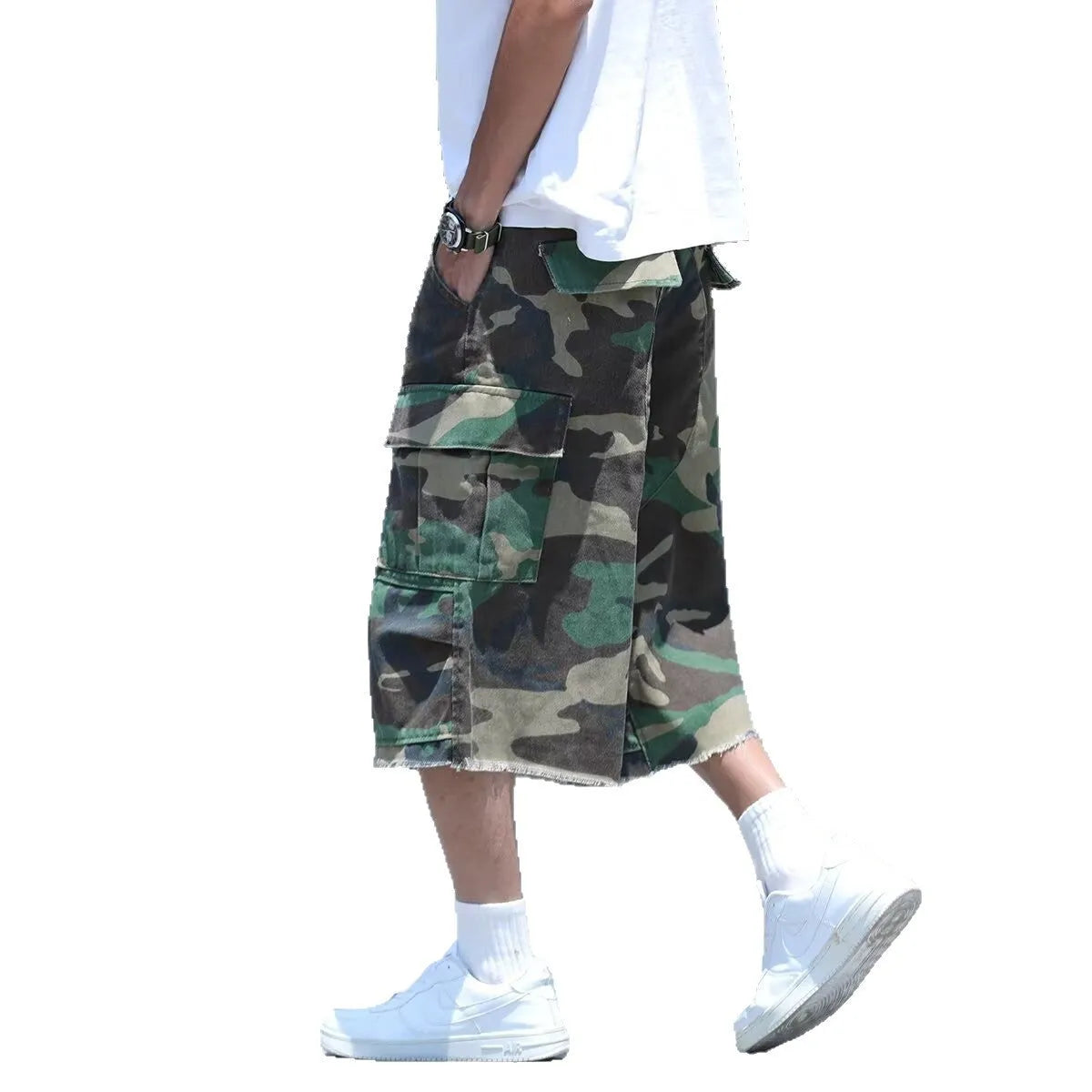 American-style retro workwear camouflage shorts with loose cropped fit in summer camouflage colours