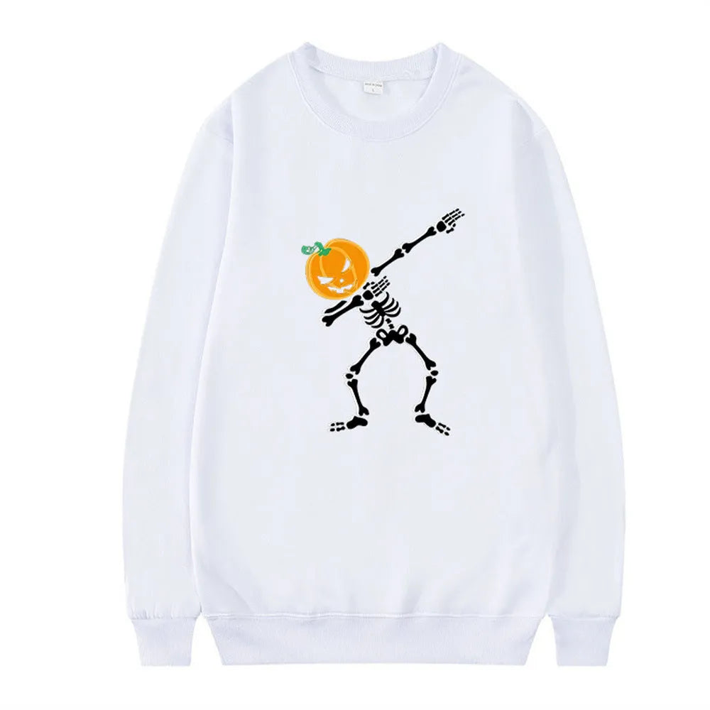 Women's black printed crew neck long sleeve casual top on a hanger