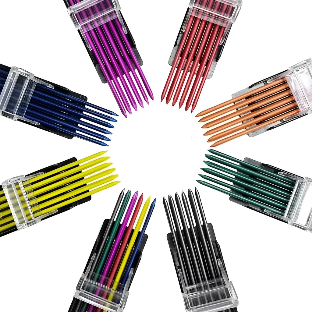 Boxed set of twelve 0.5mm HB mechanical pencil refills with erasers in rainbow colours