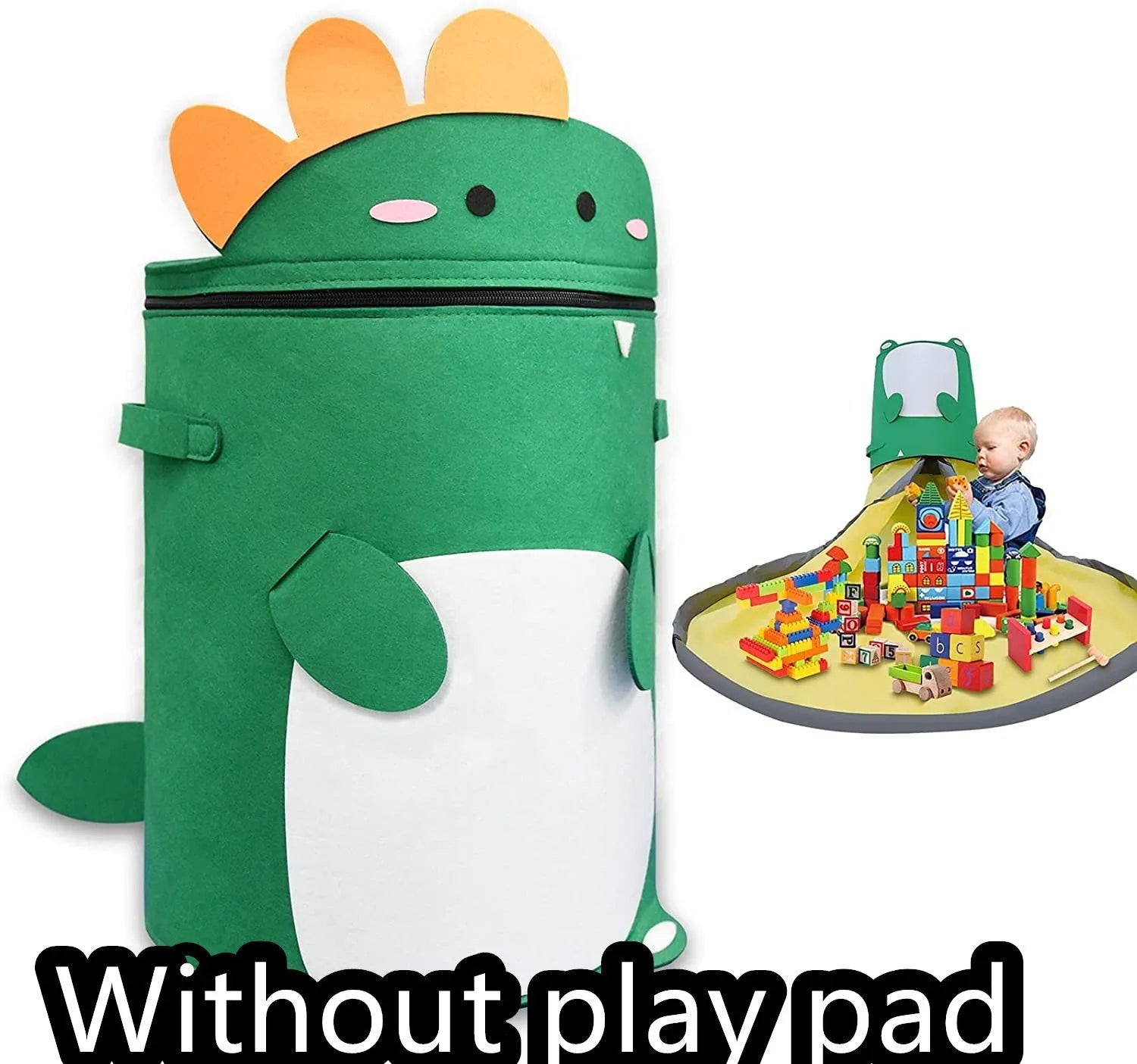 Green cube-shaped felt storage bag with pull rope lying flat as a play mat.