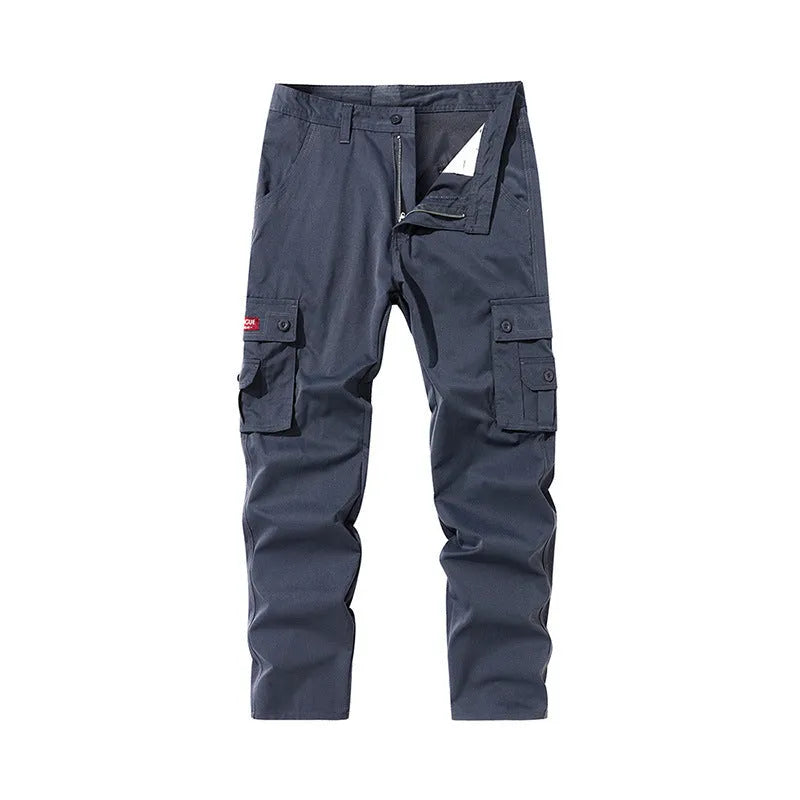 Multi-pocket cargo trousers in pure cotton with straight leg and drawstring mid waist in khaki green