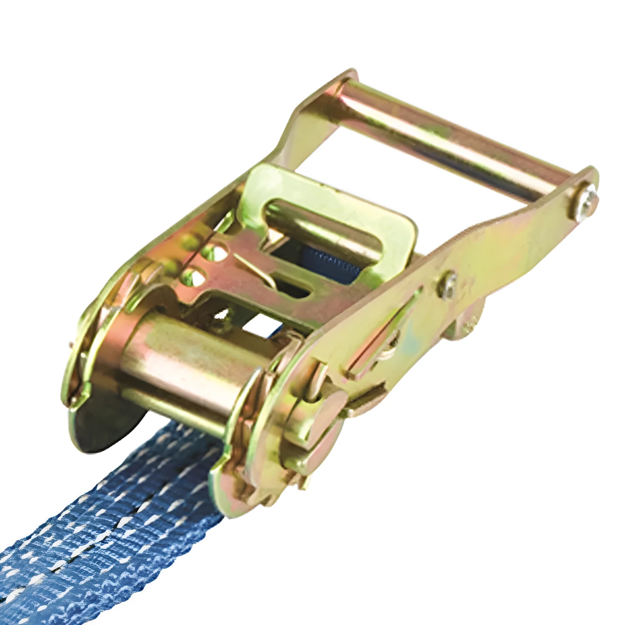 Steel ratchet tensioner with double hook on a grey polyester binding strap laid flat