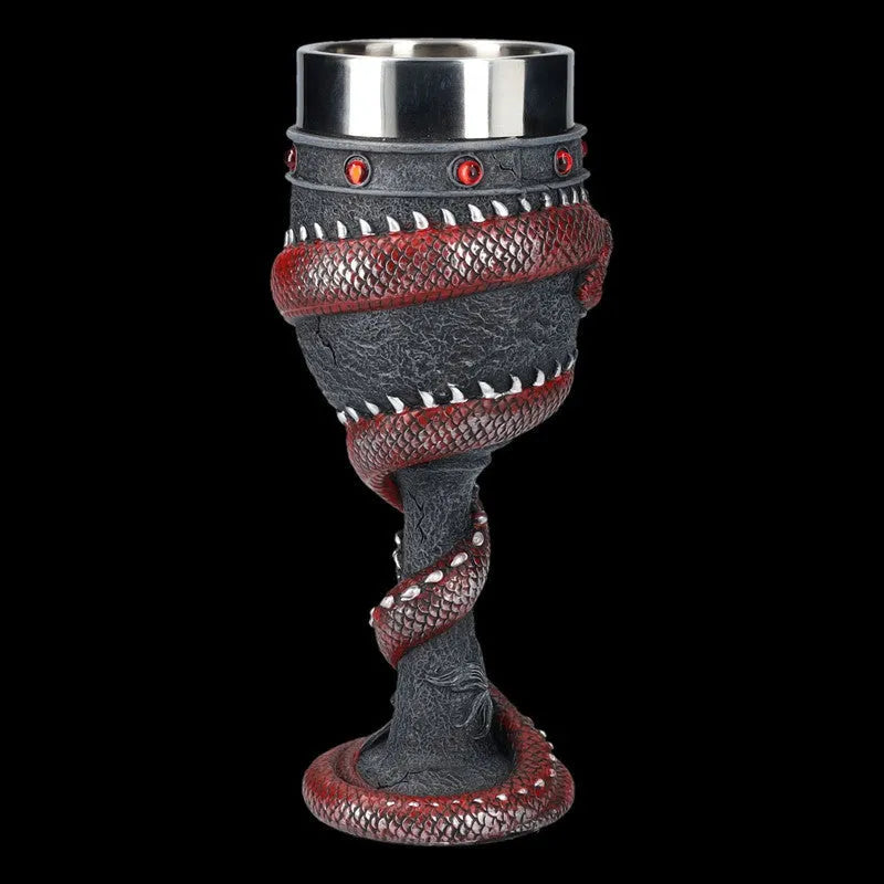 Red wine glass with gold 3D dragon resin design on stainless steel base.