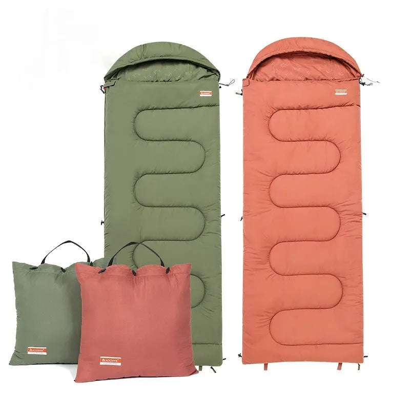 Outdoor camping cotton sleeping bag shown in ochre and olive green colour options