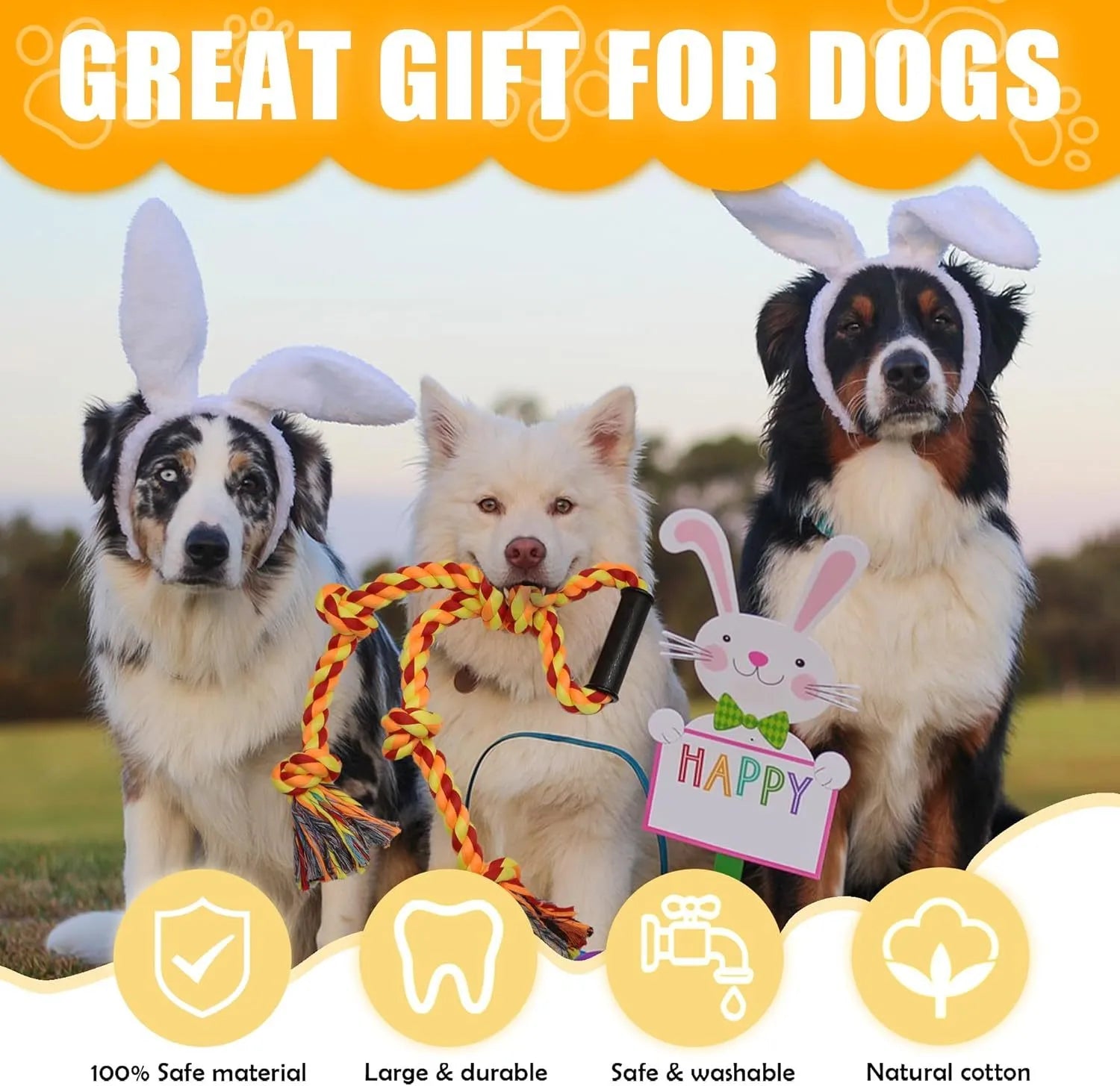 Blue and yellow woven cotton rope dog tug toy with a handle, shown next to a large dog.