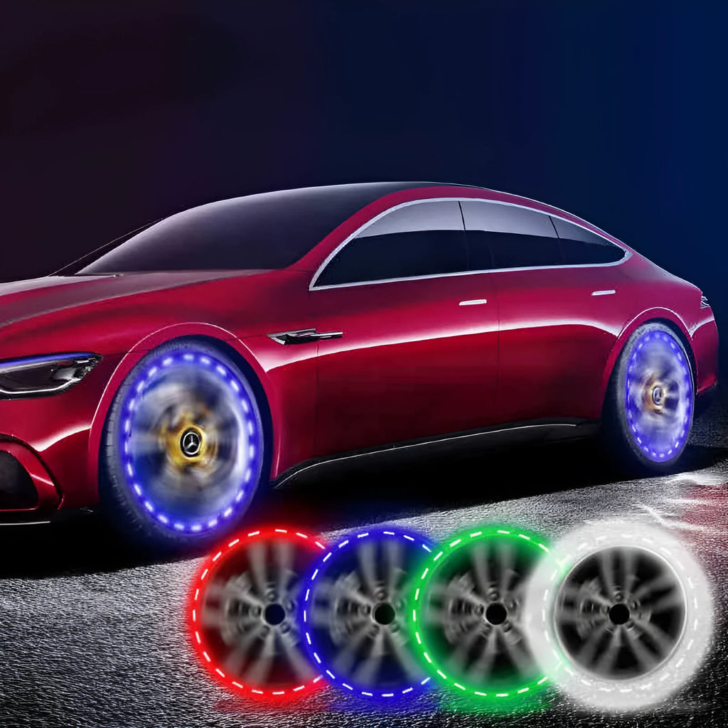 Colourful solar-powered LED hub decorative light mounted on vehicle wheel with 15 flash modes