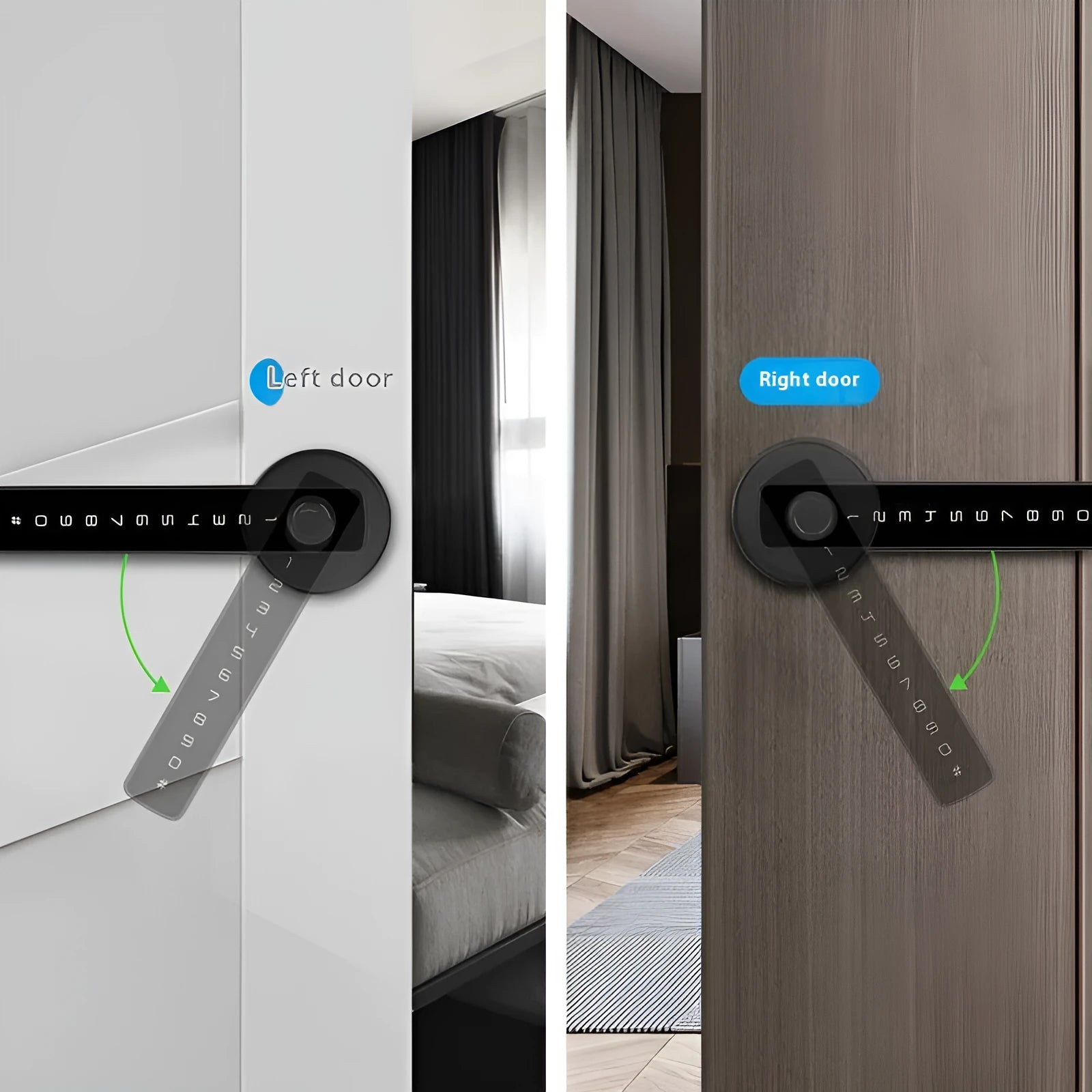 Black spherical handle smart door lock with fingerprint scanner and keyhole for wooden interior doors