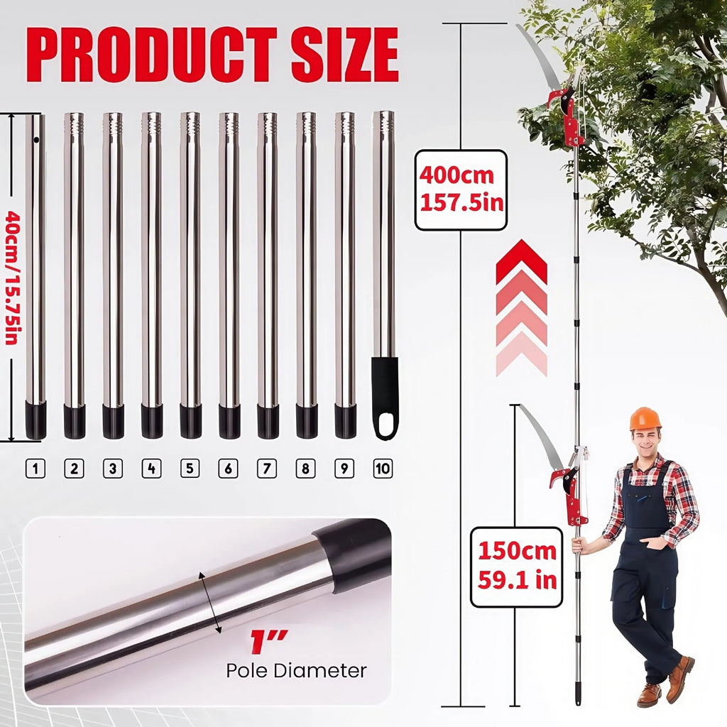 Pull rope pruning shears with 8-section metal pole extended to 3.3m for cutting high branches