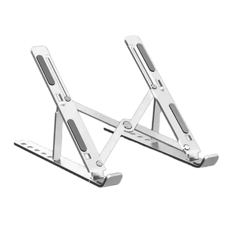 Silver aluminium folding laptop stand holding a laptop at an angle on a desk.