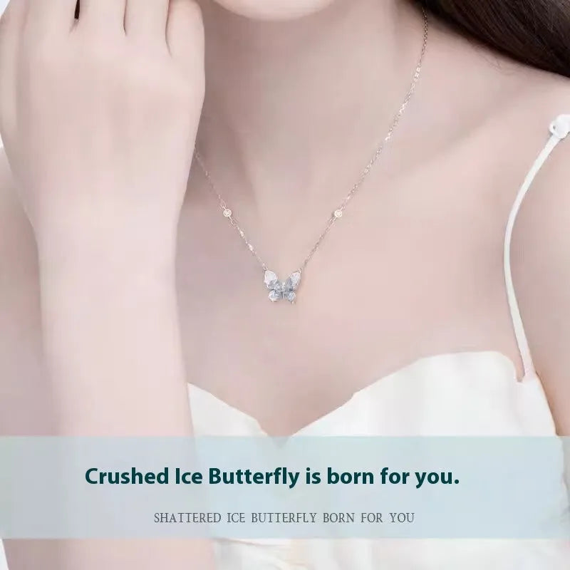 S925 silver butterfly necklace with electroplated ice rain pendant on adjustable O-ring chain