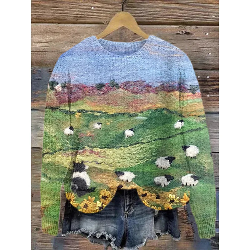 Little flower digital printed round neck sweater showing floral pattern on polyester fabric.