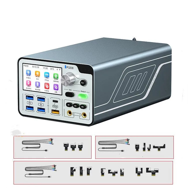 P3208 smart regulated 320W power supply and meter with 3.0-inch display on a workbench.