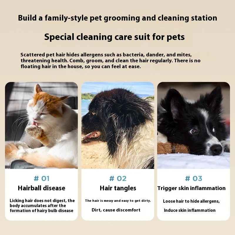 White and pink multifunctional pet grooming vacuum cleaner with clipper attachments on a table.