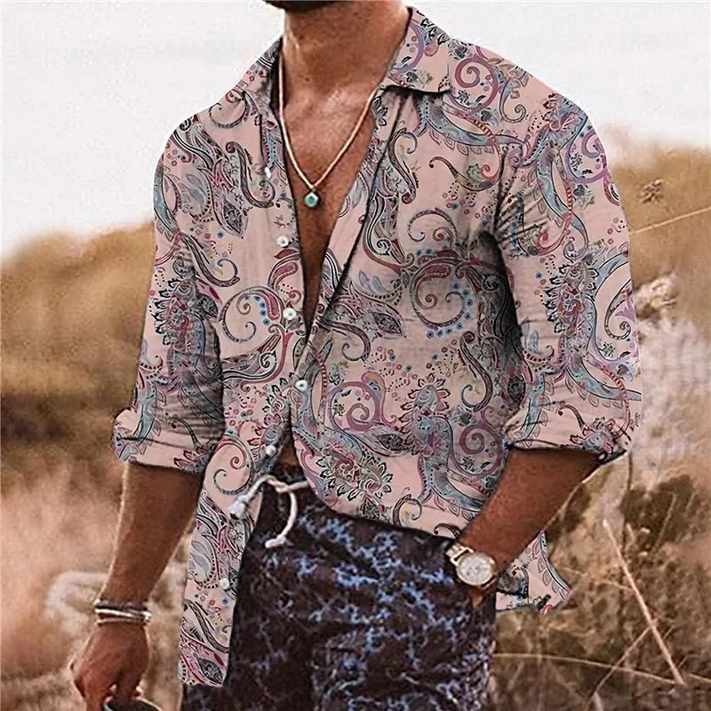 Men's loose fit long sleeve shirt with a colourful 3D floral pattern print.