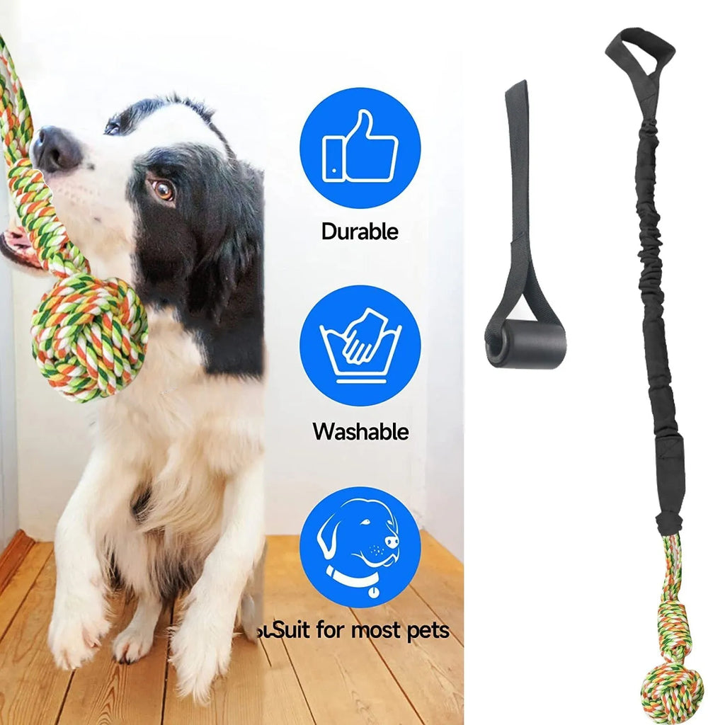 Hand-woven cotton tug rope dog toy in black, grey, or red colour.