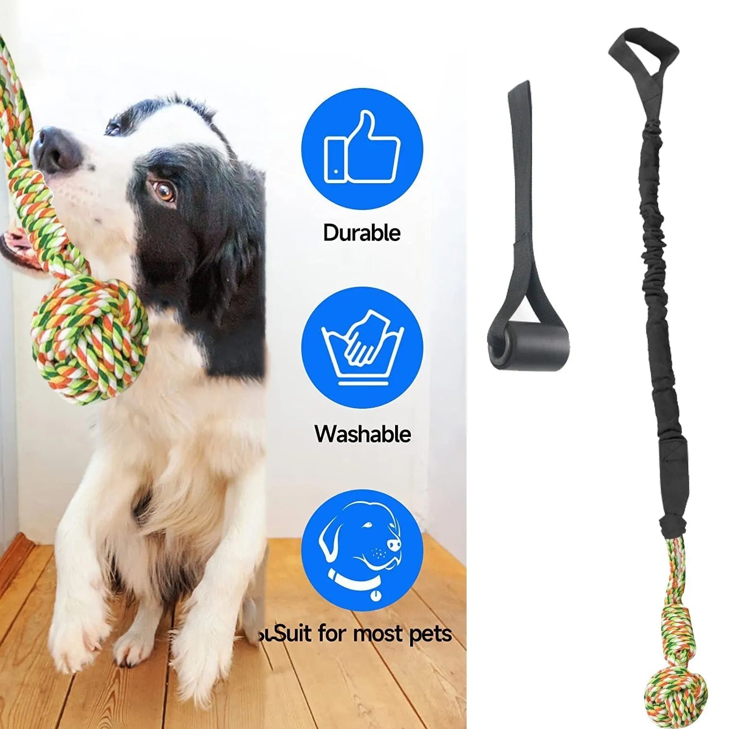 Hand-woven cotton tug rope dog toy in black, grey, or red colour.