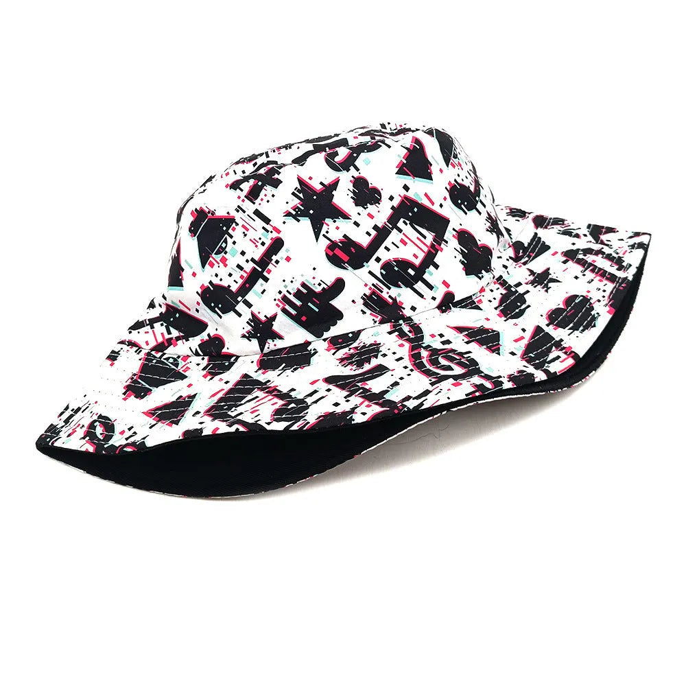 Retro bucket hat with white musical note print on a dark background, showing dome crown.