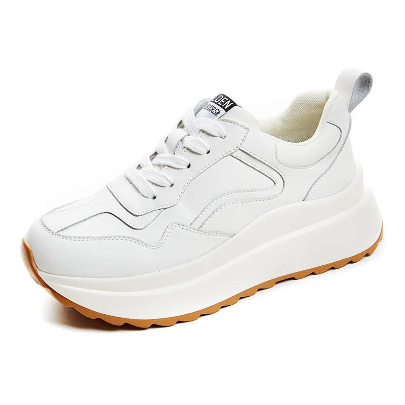 Women's beige cattlehide leather casual sports shoes with mesh lining and English muffin heel