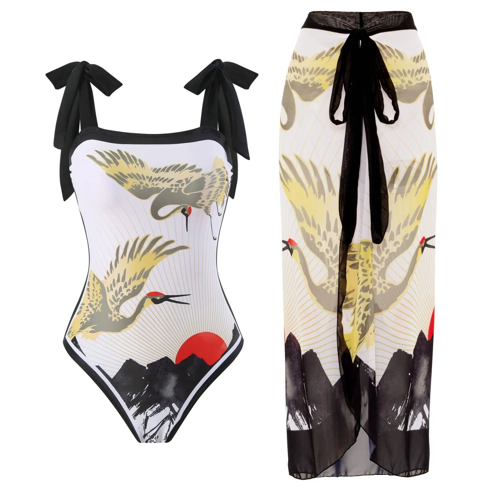 Women's yellow one-piece swimsuit with floral pattern and matching white chiffon skirt.