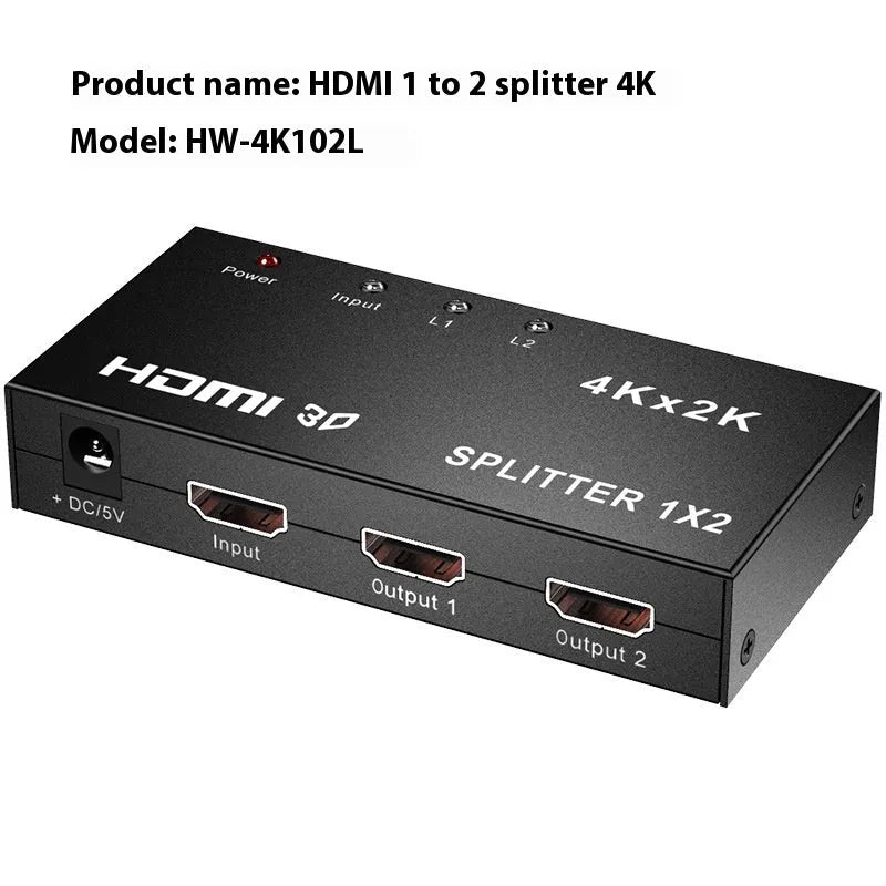 4K HDMI splitter distributing signal to two displays with USB charging cable included