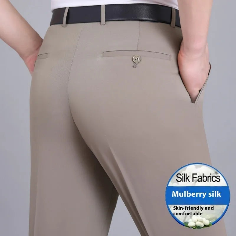 Men's straight-leg business trousers in mulberry silk blend fabric with high waist design