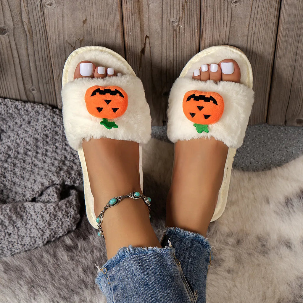White and yellow pumpkin plush open-toe slippers with anti-slip PVC soles