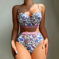 Blue high-waist push-up bikini for women on a mannequin showing front and back views