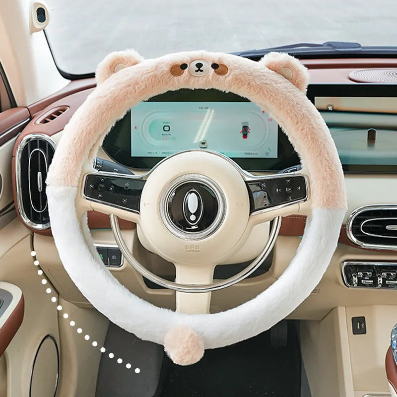 Plush steering wheel cover with cartoon animal embroidery for winter thermal insulation