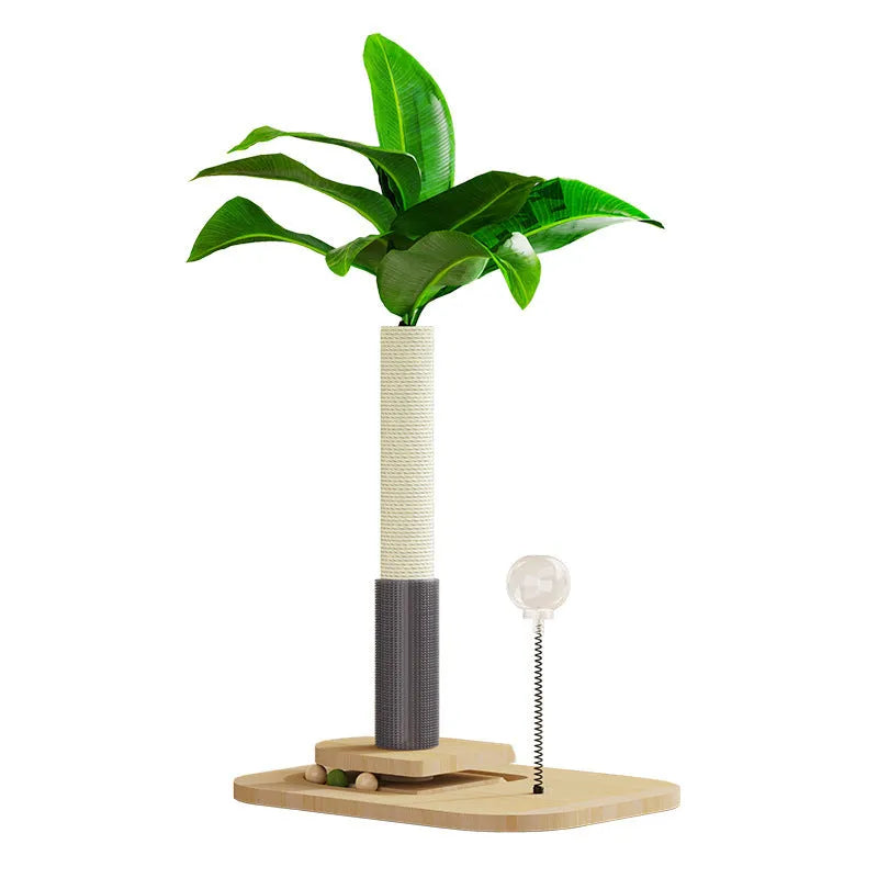 Wooden canna-coloured cat scratching post with food drop ball and chamfered edges