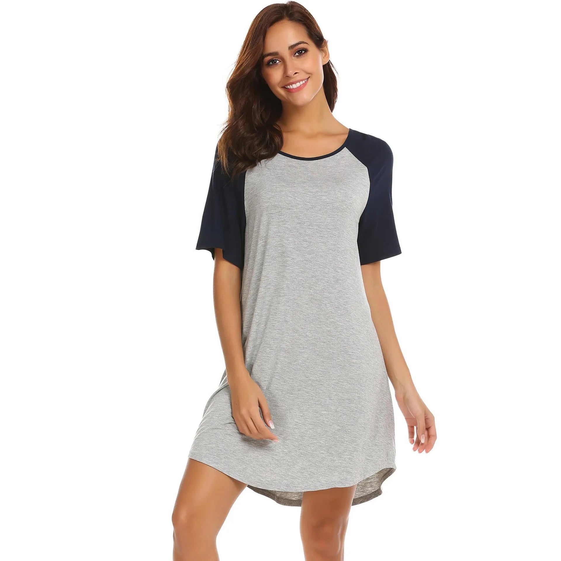 Women's ash and navy blue colour block patchwork nightdress made from double brushed milk silk fabric.