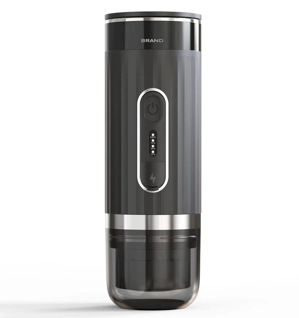 Black portable coffee machine with K-cup compatibility for vehicle and travel use