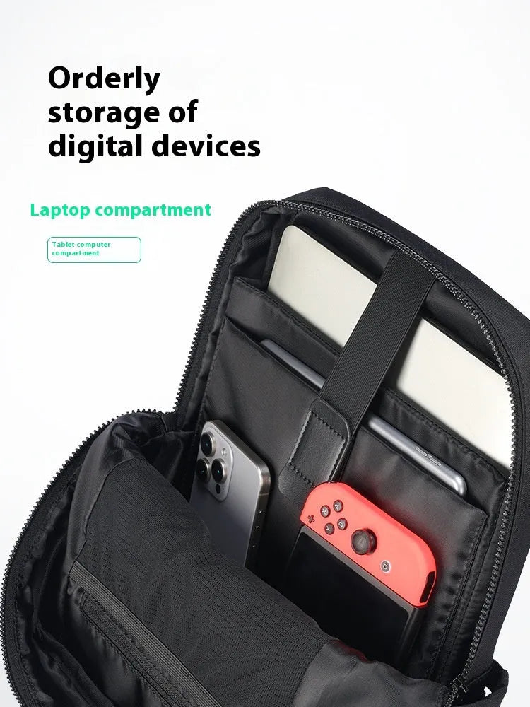 Black Oxford cloth computer backpack with 20-35L capacity showing interior polyester lining