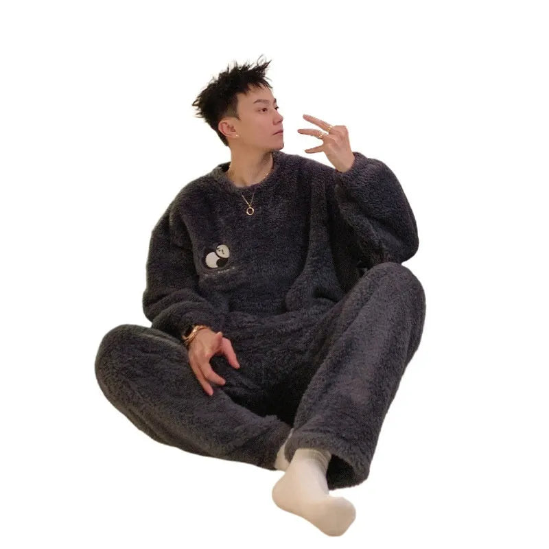 Men's winter flannel pajama suit in jacquard velvet fabric, pullover style, set includes top and pants