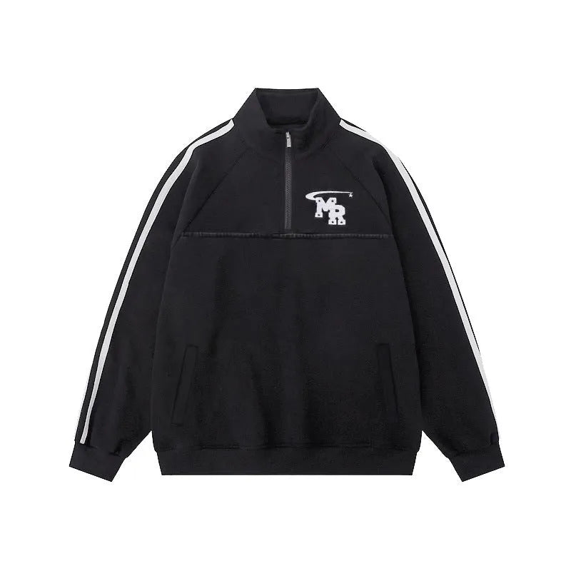 Black retro-style stand collar hoodie for couples on a mannequin, showing long sleeves and coat-style cut.