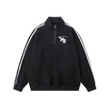 Black retro-style stand collar hoodie for couples on a mannequin, showing long sleeves and coat-style cut.