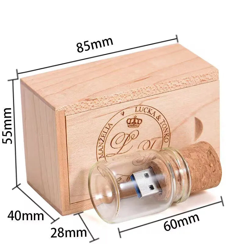 Wooden wish drift bottle USB flash drive with transparent design showing capacity options