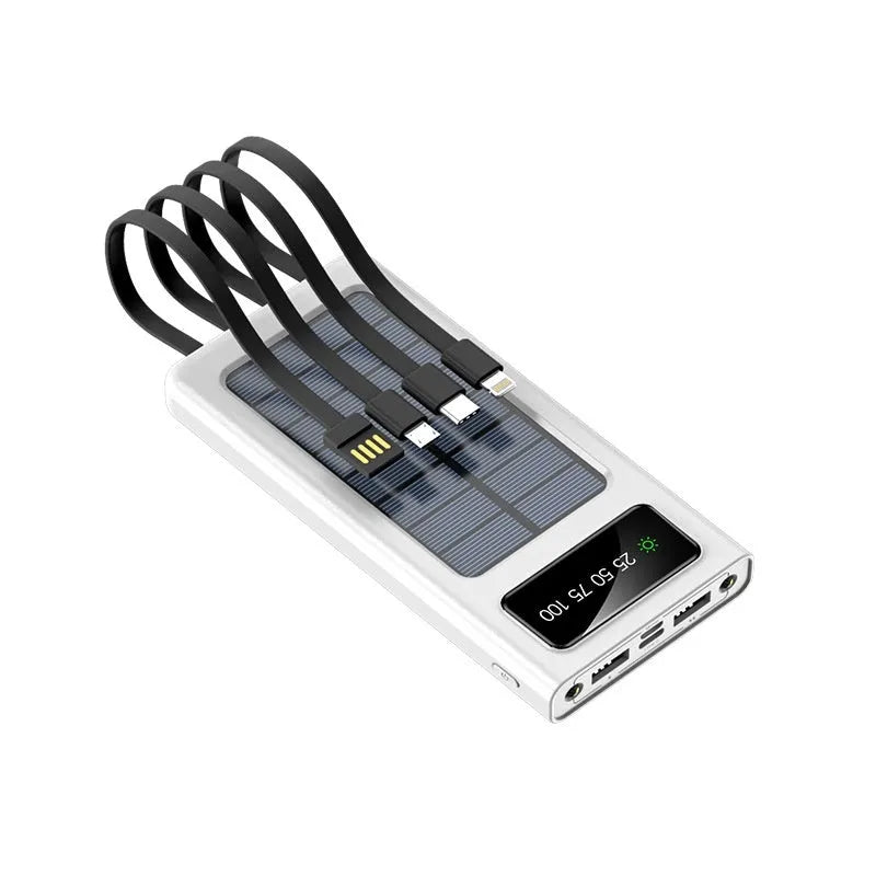Black and white solar power bank with USB port and 20000mAh capacity for mobile phones