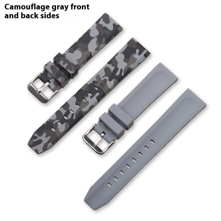 Green camouflage silicone watch strap showing adjustable buckle and 20mm width.