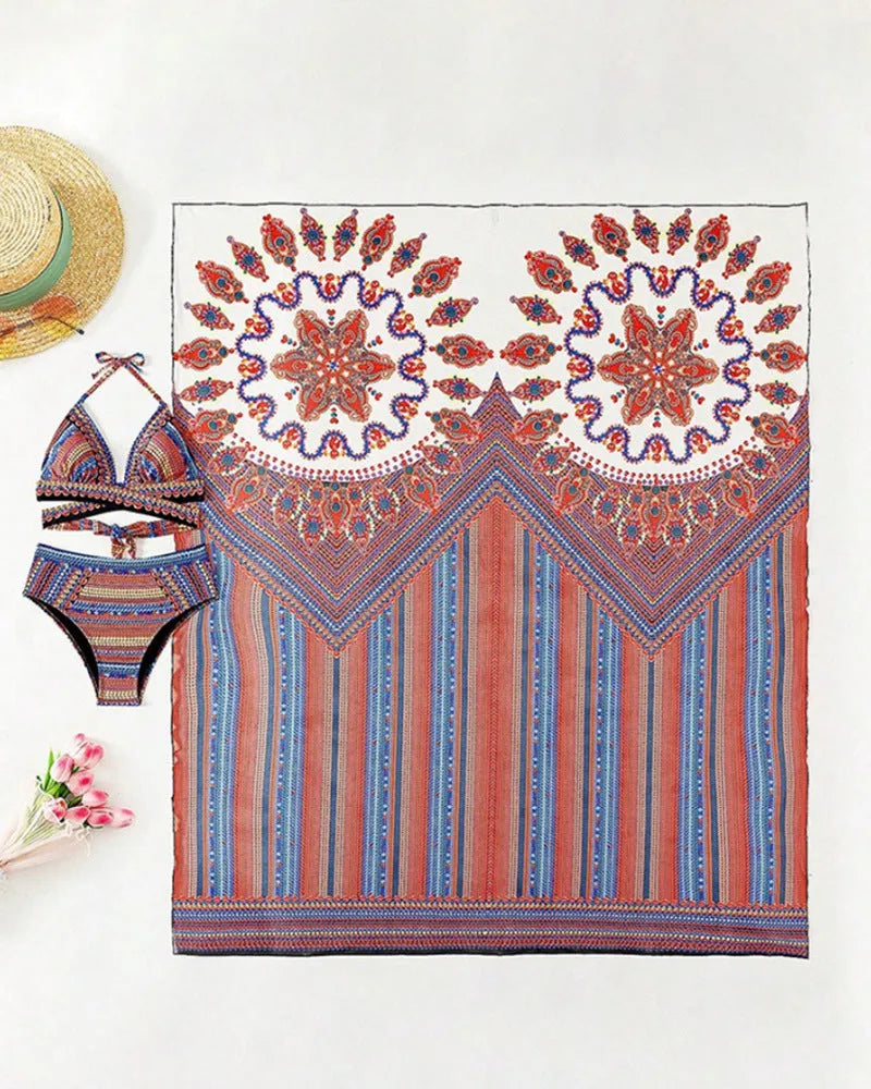 Women's three-piece split swimsuit set with high-waist briefs, cutout blouse, and coat in pictured colour.