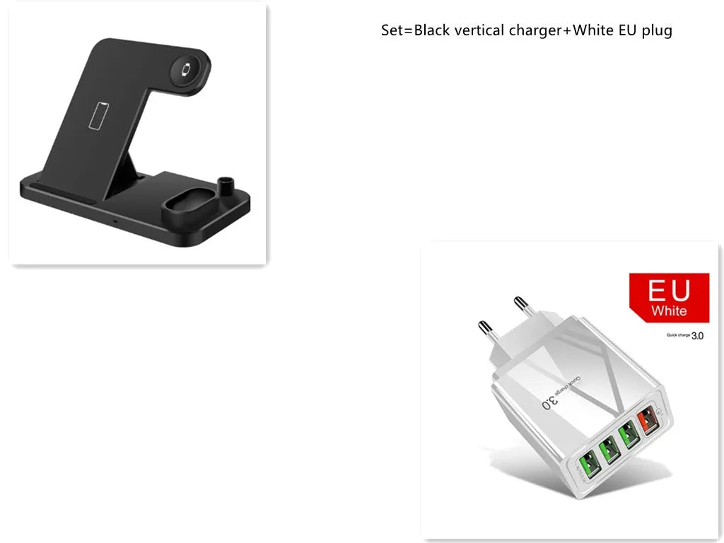 4-in-1 wireless charging station showing iPhone, Apple Watch, AirPods and Apple Pencil charging simultaneously on adjustable stand