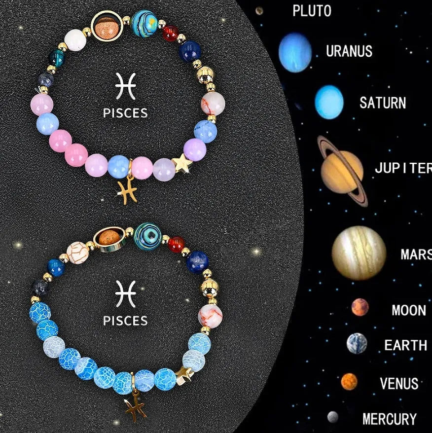 Set of two natural stone beaded bracelets for zodiac signs on adjustable elastic strings.