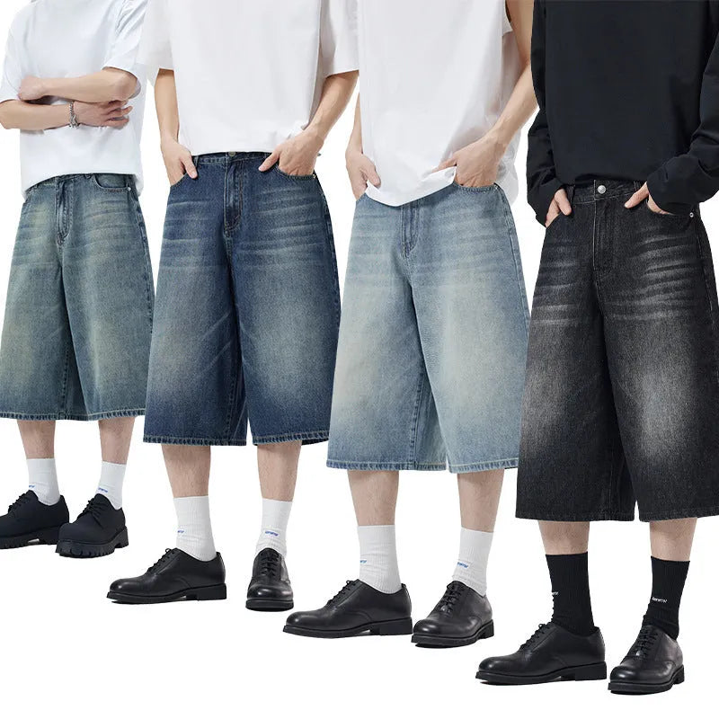 Men's loose straight-leg denim shorts in light blue on a model for summer