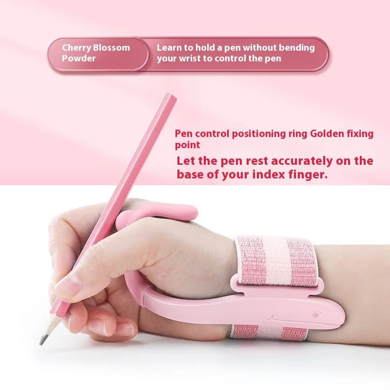 Blue anti-hook wrist brace and pen control corrector for children's writing posture on a table.