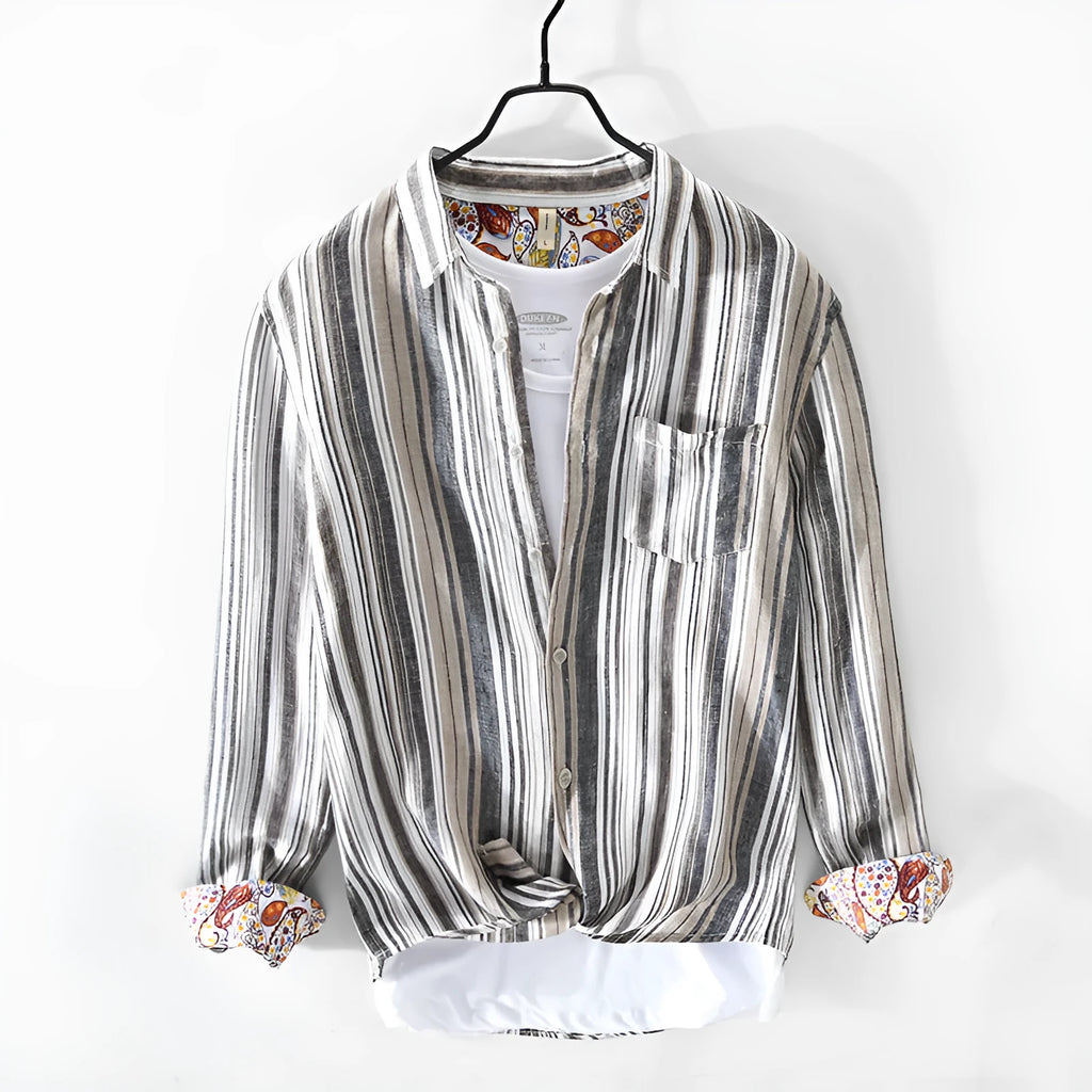 Men's striped linen casual shirt in loose fit with long sleeves, available in red and grey colours