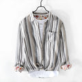 Men's striped linen casual shirt in loose fit with long sleeves, available in red and grey colours