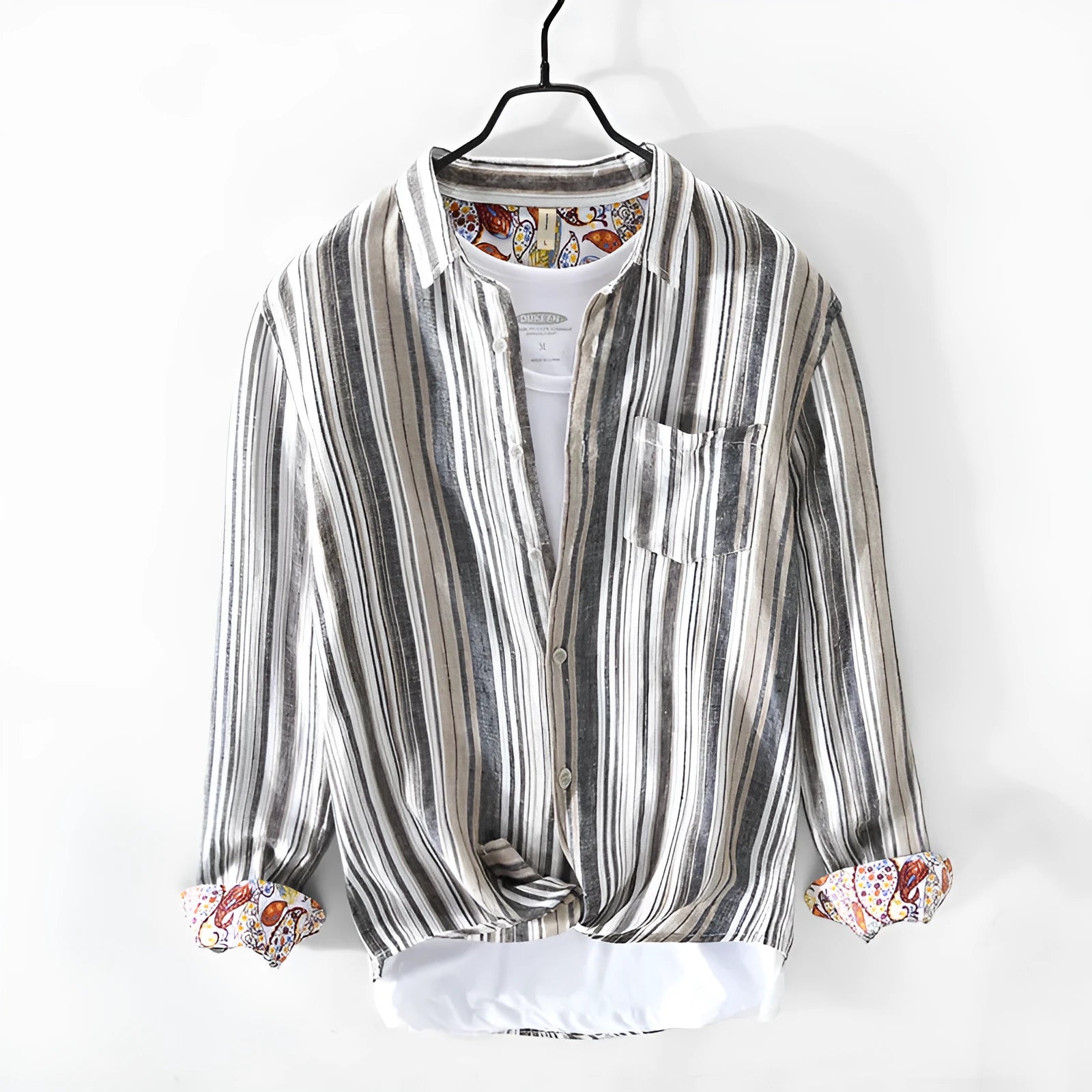 Men's striped linen casual shirt in loose fit with long sleeves, available in red and grey colours
